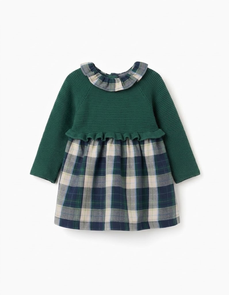 Vestido bebé niña manga larga punto blanco roto crema cuello volante fruncido cuadros escoceses verde botella azul marino blanco roto amarillo beige falda fruncida corte cintura botones espalda detalle frontal botones