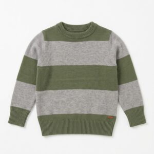 Jersey niño punto rayas horizontales anchas gris claro verde oscuro militar cuello redondo puños bajo acanalados etiqueta cuero