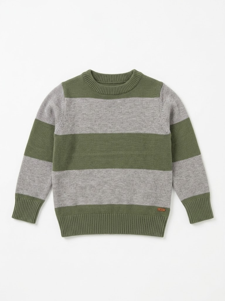 Jersey niño punto rayas horizontales anchas gris claro verde oscuro militar cuello redondo puños bajo acanalados etiqueta cuero