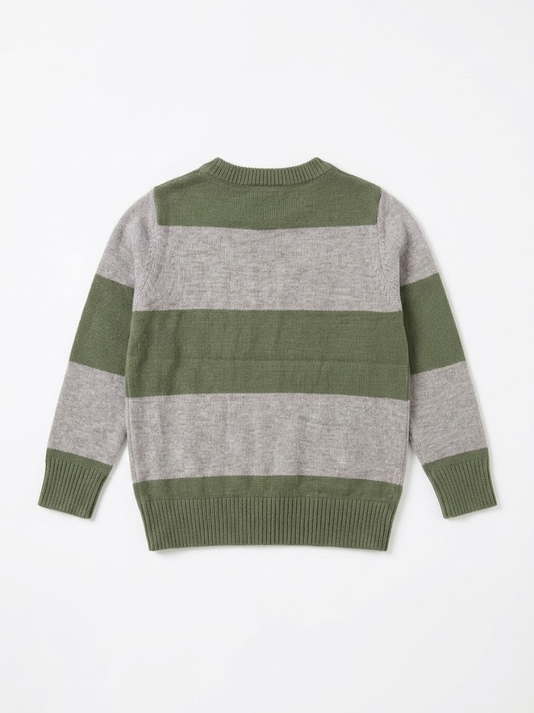Jersey niño punto rayas horizontales anchas gris claro verde oscuro militar cuello redondo puños bajo acanalados etiqueta cuero