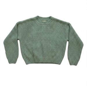 Jersey niña punto grueso verde menta verde agua cuello redondo acanalado mangas abullonadas puños acanalados bajo acanalado