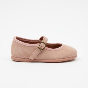 Merceditas niña Chuches serraje rosa antique rosa empolvado tira empeine cierre hebilla metálica suela fina flexible interior marrón claro plantilla logo CHUCHES HECHO EN ESPAÑA suela goma rosa dibujo antideslizante