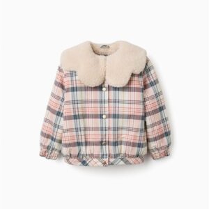 Abrigo niña Zippy Collection cuadros pastel rosa azul beige verde cuello borreguito crema botones dorados puños bajo elásticos forro borreguito