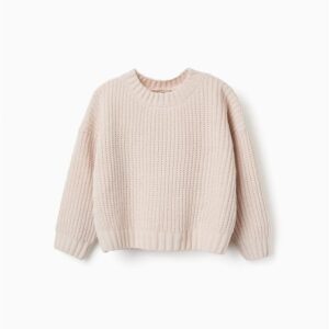 Jersey bebé punto grueso beige claro crema cuello redondo acanalado mangas largas puños acanalados bajo acanalado