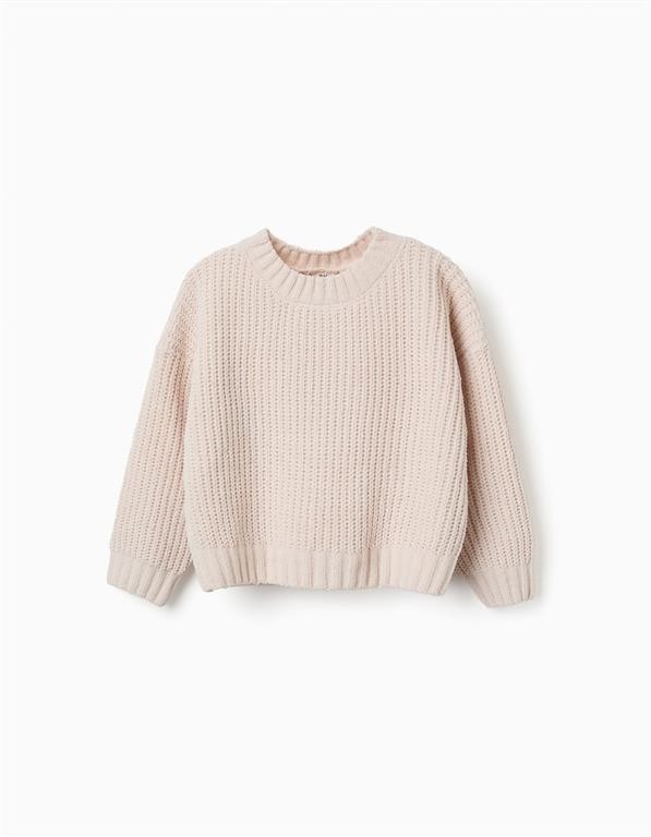 Jersey bebé punto grueso beige claro crema cuello redondo acanalado mangas largas puños acanalados bajo acanalado