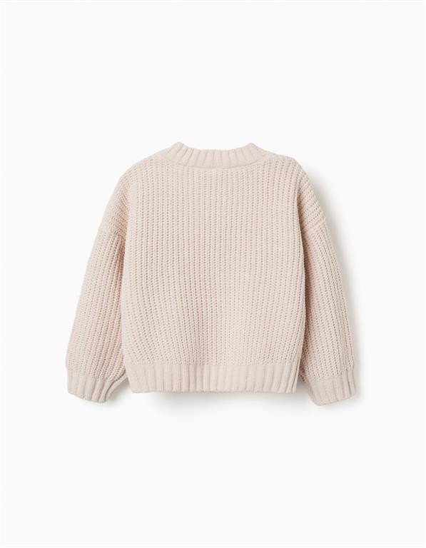 Jersey bebé punto grueso beige claro crema cuello redondo acanalado mangas largas puños acanalados bajo acanalado