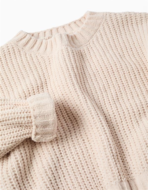 Jersey bebé punto grueso beige claro crema cuello redondo acanalado mangas largas puños acanalados bajo acanalado