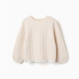 Jersey niña punto trenzado ochos encaje blanco roto crema cuello redondo mangas abullonadas puños acanalados zippy