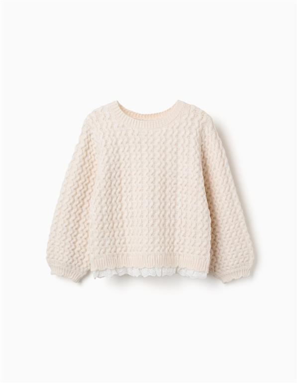 Jersey niña punto trenzado ochos encaje blanco roto crema cuello redondo mangas abullonadas puños acanalados zippy