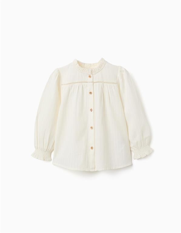 Blusa niña blanco roto cuello alto volantes canesú encaje bordado botones madera puños elásticos volantes