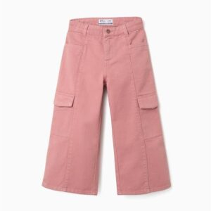 Pantalón niña pierna ancha rosa cargo 100% algodón sarga cintura ajustable dobladillos deshilachados zippy Girl.