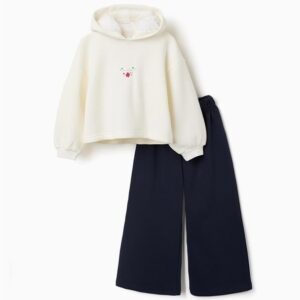 Conjunto niña sudadera capucha borreguito bordado floral pantalón ancho azul marino cintura elástica