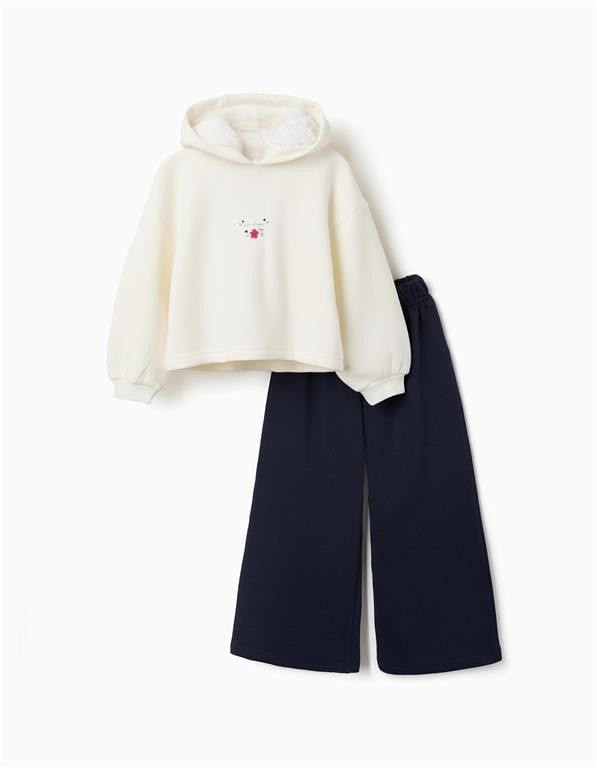 Conjunto niña sudadera capucha borreguito bordado floral pantalón ancho azul marino cintura elástica