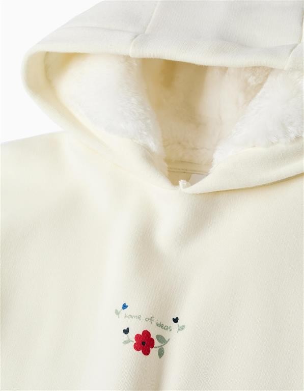 Conjunto niña sudadera capucha borreguito bordado floral pantalón ancho azul marino cintura elástica