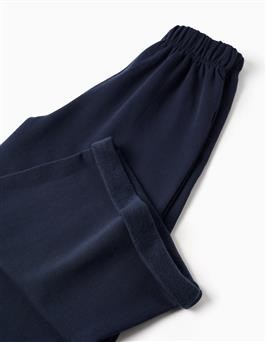 Conjunto niña sudadera capucha borreguito bordado floral pantalón ancho azul marino cintura elástica