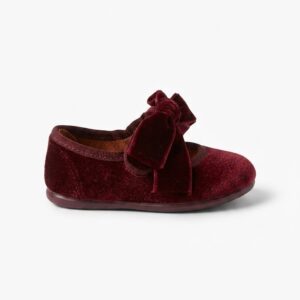 Merceditas niña Chuches terciopelo burdeos, granate lazo extraíble velcro cierre empeine interior cuero ecológico suela fina flexible antideslizante
