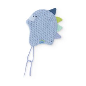 Gorro bebé niño Tuc Tuc punto calado azul claro dinosaurio púas azul oscuro verde lima verde menta lila forro polar ojos boca bordados orejeras cuerdas atar logo Tuc Tuc