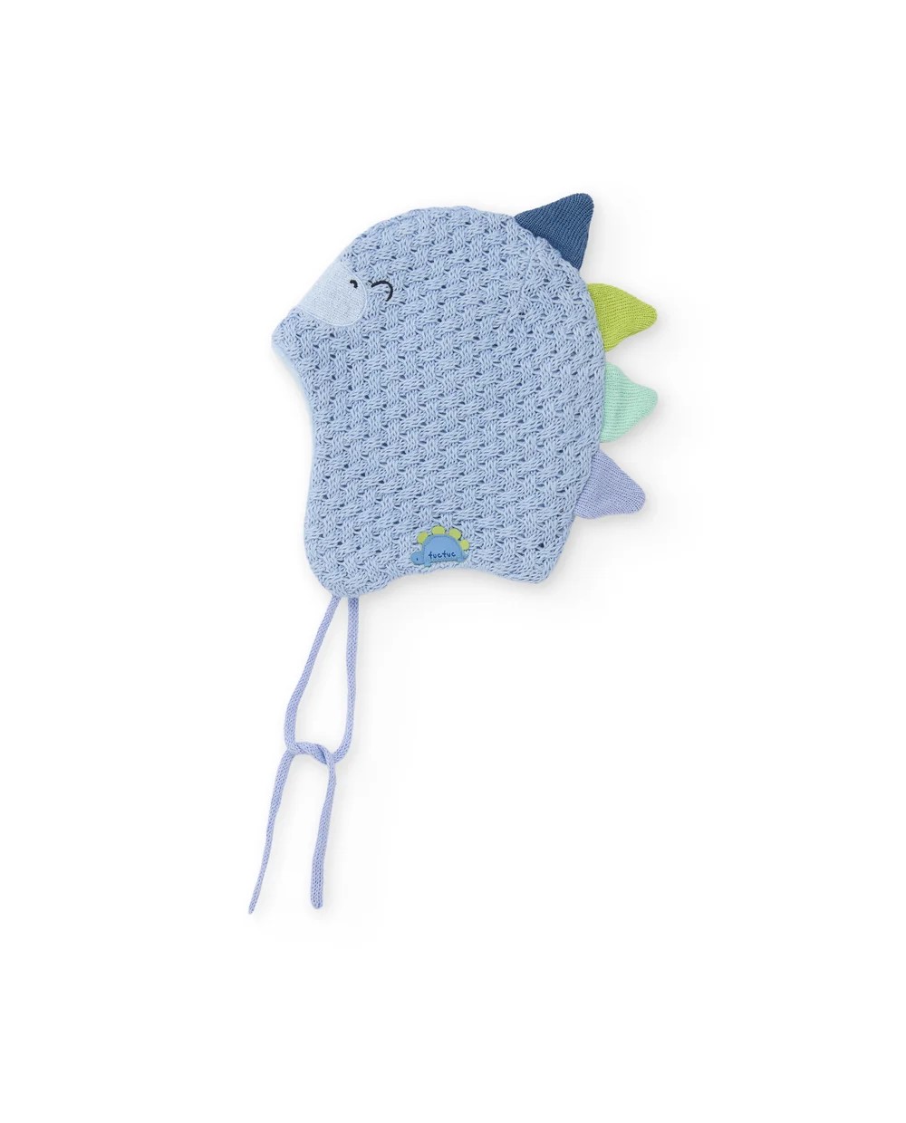 Gorro bebé niño Tuc Tuc punto calado azul claro dinosaurio púas azul oscuro verde lima verde menta lila forro polar ojos boca bordados orejeras cuerdas atar logo Tuc Tuc