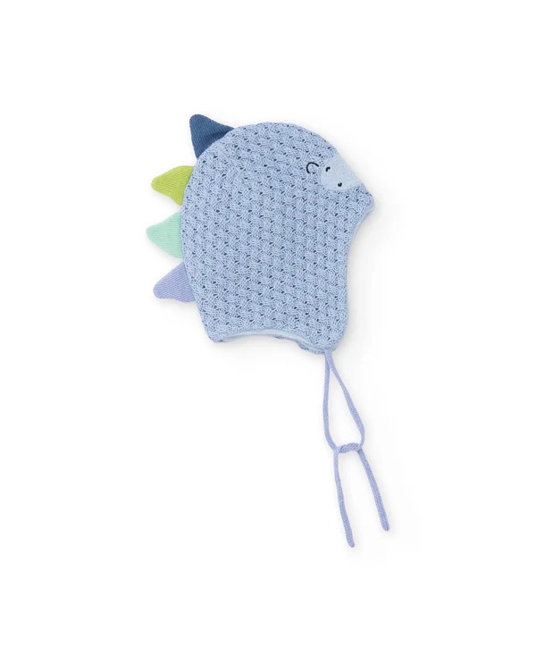 Gorro bebé niño Tuc Tuc punto calado azul claro dinosaurio púas azul oscuro verde lima verde menta lila forro polar ojos boca bordados orejeras cuerdas atar logo Tuc Tuc