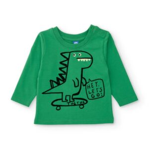Camiseta niño Tuc Tuc manga larga verde brillante césped algodón dinosaurio monopatín "HEY, LET'S GO!" botones presión hombro cuello redondo