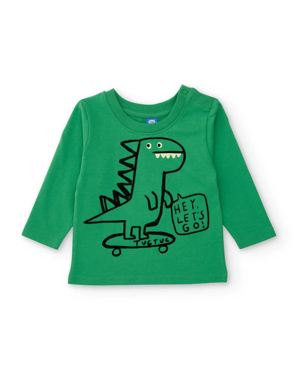 Camiseta niño Tuc Tuc manga larga verde brillante césped algodón dinosaurio monopatín "HEY, LET'S GO!" botones presión hombro cuello redondo