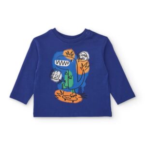 Camiseta niño Tuc Tuc manga larga azul intenso eléctrico algodón dinosaurio grafitero monopatín "HEY, LET'S GO!" "DINO Roll" manchas pintura botones presión hombro cuello redondo
