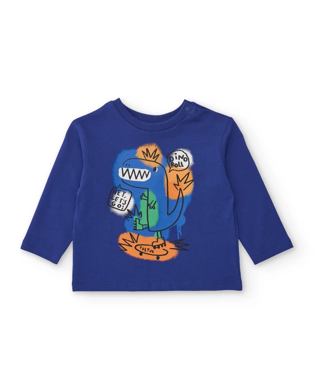 Camiseta niño Tuc Tuc manga larga azul intenso eléctrico algodón dinosaurio grafitero monopatín "HEY, LET'S GO!" "DINO Roll" manchas pintura botones presión hombro cuello redondo