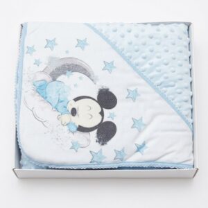 Manta bebé Mickey Mouse Disney 80x85cm azul relieve puntos minky doudou estampado Mickey abrazando conejito luna estrellas caja regalo estrellas grises lazo gris ositos peluche.