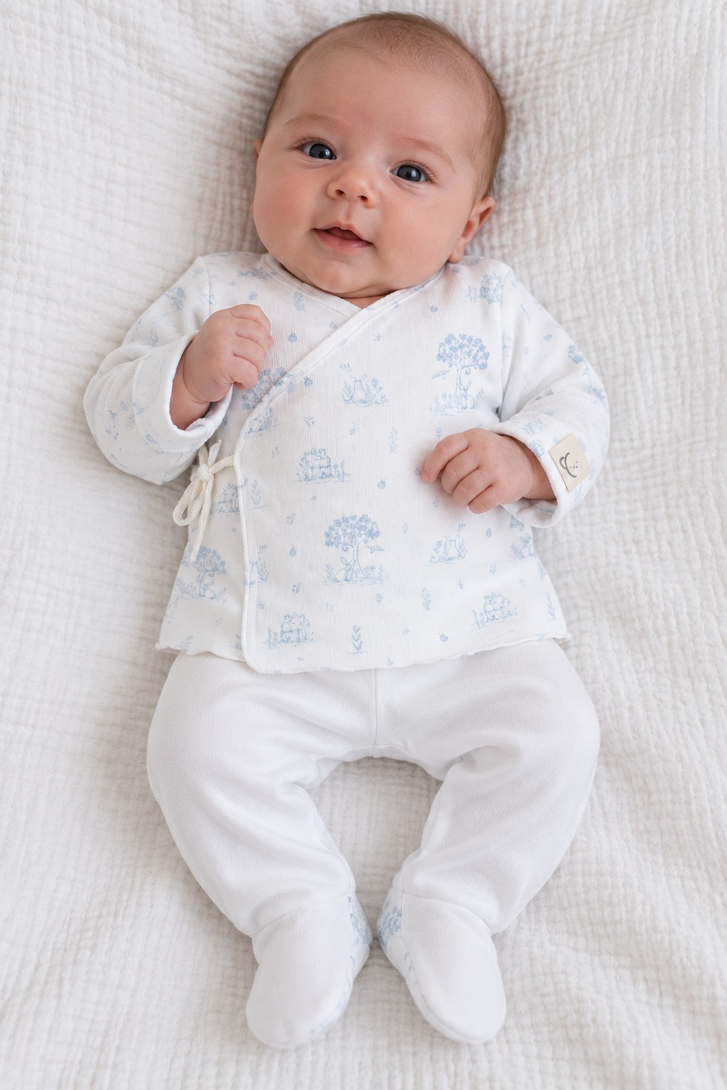 Conjunto primera puesta bebé Calamaro estampado conejitos árboles azul blanco roto crudo algodón suave camiseta cruzada lazo lateral botones presión pantalón pies cintura elástica gorrito manoplas puños elásticos fruncido