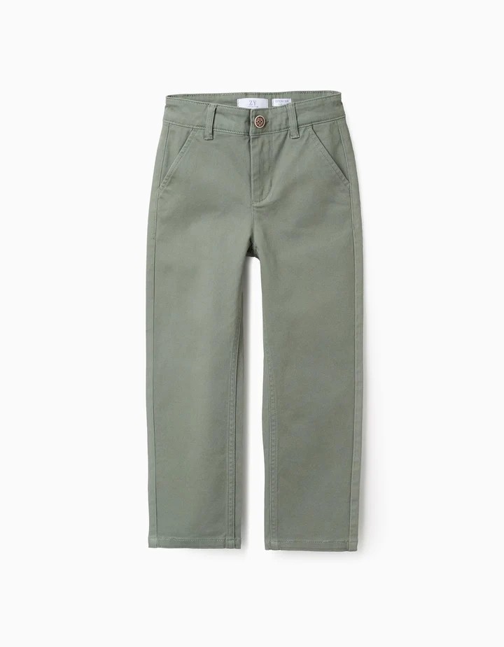 Pantalón chino niño verde militar oliva sarga algodón elastano corte slim bolsillos laterales traseros cintura ajustable elásticos botones trabillas cremallera botón decorativo Big Me Ref 31073595009, zippy