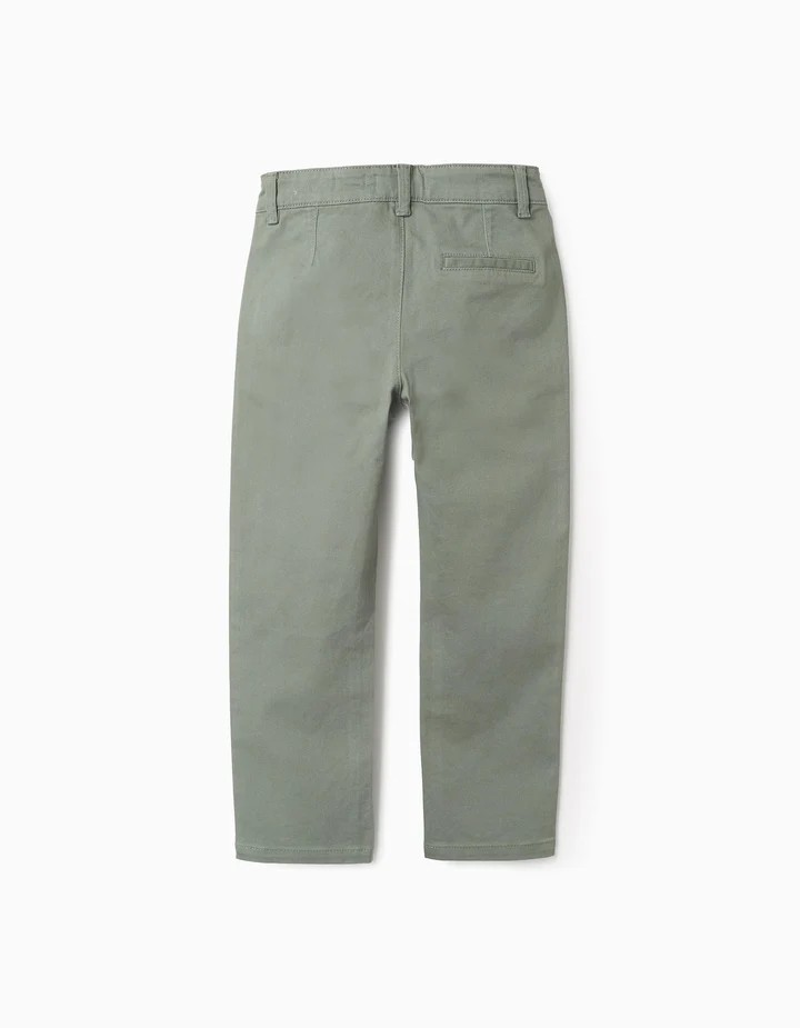 Pantalón chino niño verde militar oliva sarga algodón elastano corte slim bolsillos laterales traseros cintura ajustable elásticos botones trabillas cremallera botón decorativo Big Me Ref 31073595009, zippy