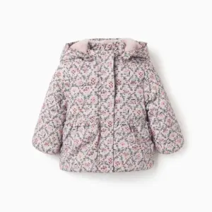 Abrigo acolchado bebé niña beige claro rosa empolvado estampado floral rosa rojo teja verde oscuro azul marino capucha desmontable forro pelo sintético rosa claro cremallera dorada automáticos ocultos volantes puños dobladillo elásticos relleno poliéster reciclado Zippy COLLECTION otoño invierno Ref 31081251021