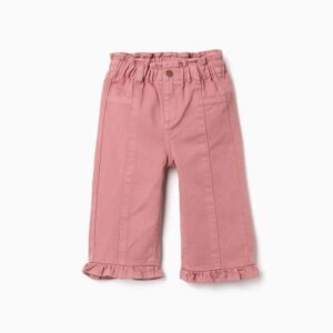 Pantalón bebé niña rosa empolvado rosa viejo sarga algodón elastano pierna ancha volantes dobladillo cintura elástica paperbag ajustable botones trabillas bolsillos delanteros Big Me automático botón decorativo Ref 31081379038, zippy