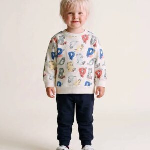 Conjunto chándal bebé niño sudadera blanca roto crema estampado animales letras colores azul rojo amarillo verde gris automáticos ocultos hombro puños dobladillo acanalados pantalón azul marino cintura elástica cordón Ref 31081529041, zippy