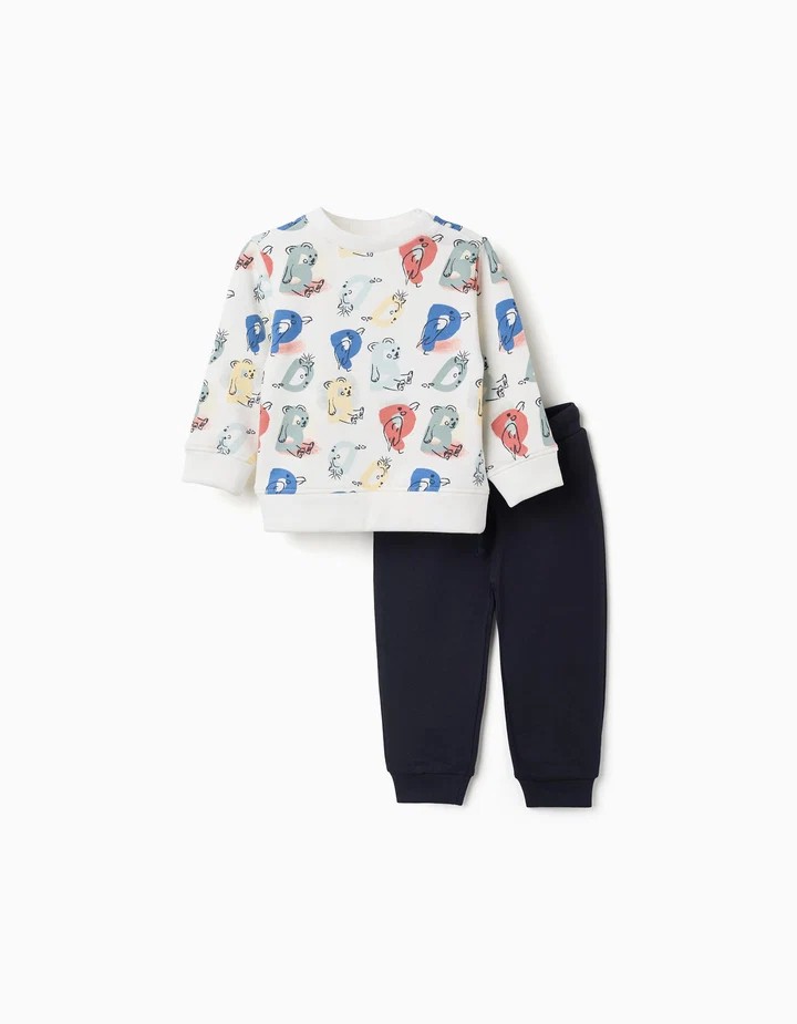 Conjunto chándal bebé niño sudadera blanca roto crema estampado animales letras colores azul rojo amarillo verde gris automáticos ocultos hombro puños dobladillo acanalados pantalón azul marino cintura elástica cordón Ref 31081529041, zippy