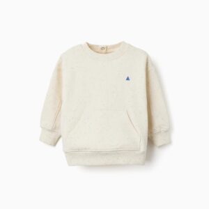 Sudadera bebé niño beige claro crema 100% algodón hilos coloridos moteados rojo azul verde amarillo naranja estampado triángulo relieve azul eléctrico bolsillo canguro hombros caídos automáticos espalda puños bajo acanalados cuello redondo Ref 31081534041, zippy