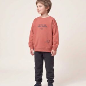 Conjunto chándal niño sudadera terracota rojo teja estampado gris oscuro TRY TO SEE MORE WITHIN THERE'S NO WRONG WAY TO SEE THE WORLD gafas pantalón jogger gris oscuro carbón cintura elástica cordón puños dobladillo acanalados forro perchado mezcla algodón felpa Ref 31081589004