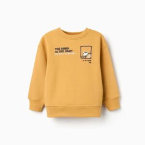 Sudadera niño amarilla mostaza forro perchado mezcla algodón estampado frontal relieve arte creatividad THE MIND IS THE LIMIT BE BOLD & BRIGHT OIL ON CANVAS 1778 hombros caídos cuello redondo puños bajo acanalados Ref 31081594042. Marca Zippy