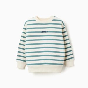 Sudadera niño rayas azul verdoso blanco roto crema forro perchado algodón estampado Look azul marino hombros caídos extremos acanalados cuello redondo otoño invierno Ref 31081600766