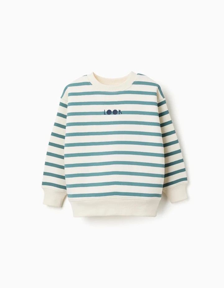 Sudadera niño rayas azul verdoso blanco roto crema forro perchado algodón estampado Look azul marino hombros caídos extremos acanalados cuello redondo otoño invierno Ref 31081600766