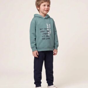Conjunto chándal niño sudadera capucha azul verdoso turquesa estampado arte blanco gris oscuro ART ISN'T WHAT YOU SEE IT'S WHAT YOU CREATE IT'S HOW YOU LOOK jogger azul marino cintura elástica cordón puños dobladillo acanalados forro perchado mezcla algodón felpa Ref 31081615766 zippy