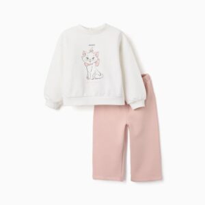 Conjunto chándal bebé niña sudadera blanca roto crema estampado Marie Los Aristogatos Disney lazo rosa pantalón rosa claro empolvado pierna ancha cintura elástica botón madera trasero forro perchado 100% algodón Ref 31081662031, zippy