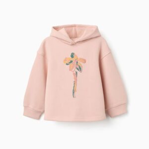 Sudadera niña rosa claro capucha estampado frontal relieve flor pétalos amarillo verde menta rosa tallo verde oscuro hombros caídos mangas abullonadas puños bajo acanalados forro perchado zippy