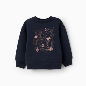 Sudadera niña azul marino forro perchado mezcla algodón estampado relieve arte naturaleza rosa empolvado salmón hombros caídos mangas abullonadas cuello puños acanalados aberturas laterales dobladillo poliéster reciclado Zippy Ref 31081728006