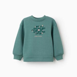 Sudadera niña azul verdoso forro perchado mezcla algodón estampado bordado flores rosa empolvado verde oscuro texto art blooms everywhere hombros caídos mangas abullonadas cuello puños acanalados aberturas laterales dobladillo poliéster reciclado Zippy Ref 31081728766