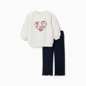 Conjunto bebé niña sudadera blanca roto crema estampado relieve corazón floral flores rosa empolvado rosa oscuro beige blanco hojas azul marino mangas raglán abullonadas puños bajo acanalados pantalón acanalado azul marino cintura elástica botones dobladillos ondulados corte campana mezcla algodón elastano Ref 31082229041, zippy