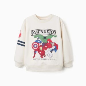 Sudadera niño blanca roto crema 100% algodón perchado estampado relieve Los Vengadores Marvel Hulk Capitán América Iron Man Thor logo AVENGERS EARTH'S MIGHTIEST HEROES logo A rojo franjas azul marino manga hombros caídos cuello redondo puños bajo acanalados Ref 31082484041, zippy