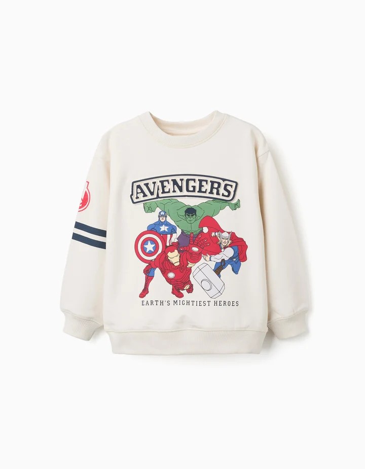 Sudadera niño blanca roto crema 100% algodón perchado estampado relieve Los Vengadores Marvel Hulk Capitán América Iron Man Thor logo AVENGERS EARTH'S MIGHTIEST HEROES logo A rojo franjas azul marino manga hombros caídos cuello redondo puños bajo acanalados Ref 31082484041, zippy