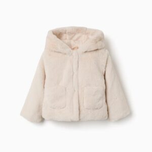 Chaqueta pelo bebé niña beige claro crema pelo sintético suave capucha forro bolsillos delanteros automáticos ocultos etiqueta nombre ZY COLLECTION otoño invierno. abrigo zippy bebe niña
