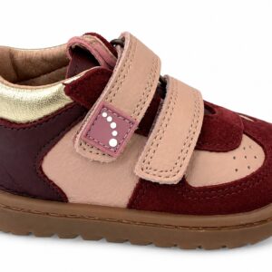 botin Zapatillas barefoot Blanditos bebé niño niña burdeos granate serraje rosa empolvado nude piel lisa doble velcro puntos relieve dorado metalizado talón suela goma flexible marrón puntera ancha zero drop tirador rosa talla 19